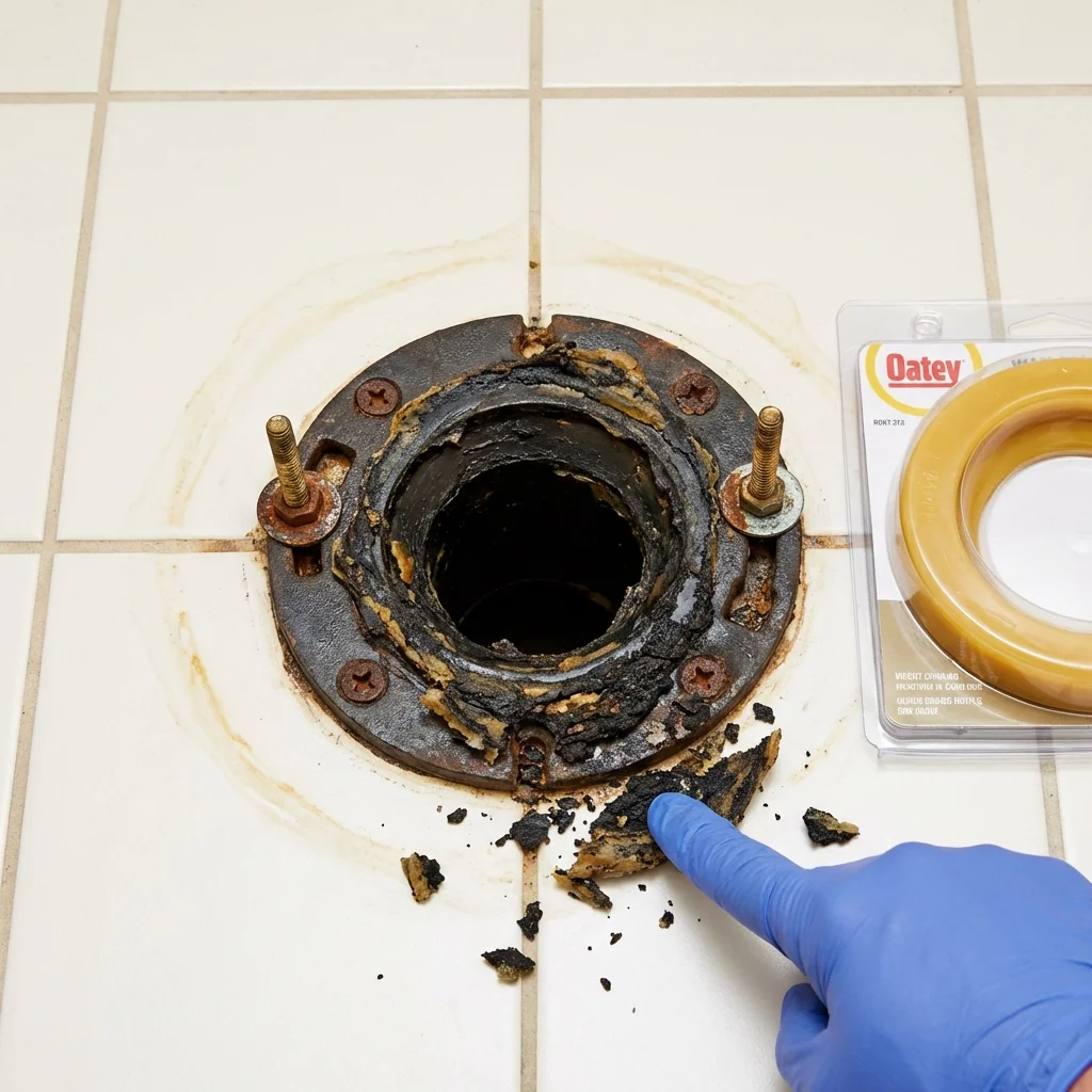 Failed wax ring showing water seepage at the base of a toilet in a Saratoga, WY home