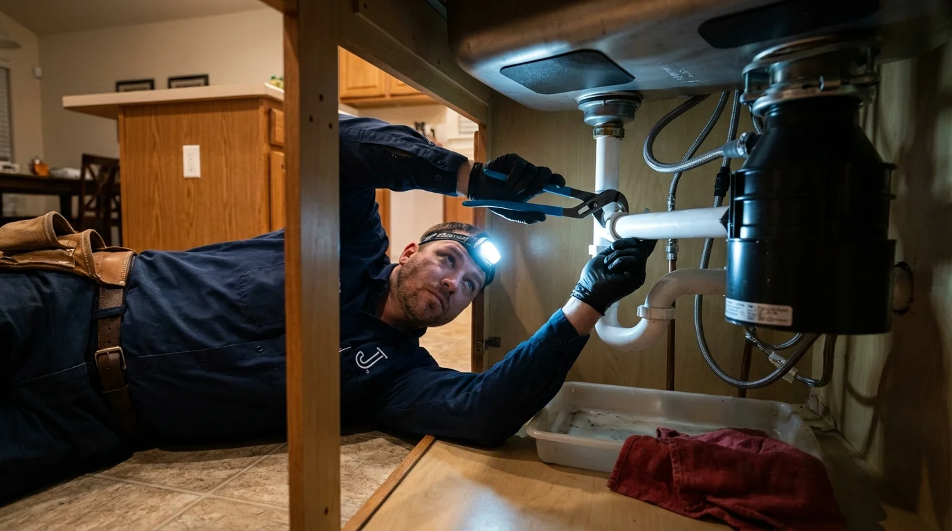 P-trap and supply line connections under a kitchen sink showing a common leak point in Saratoga, WY